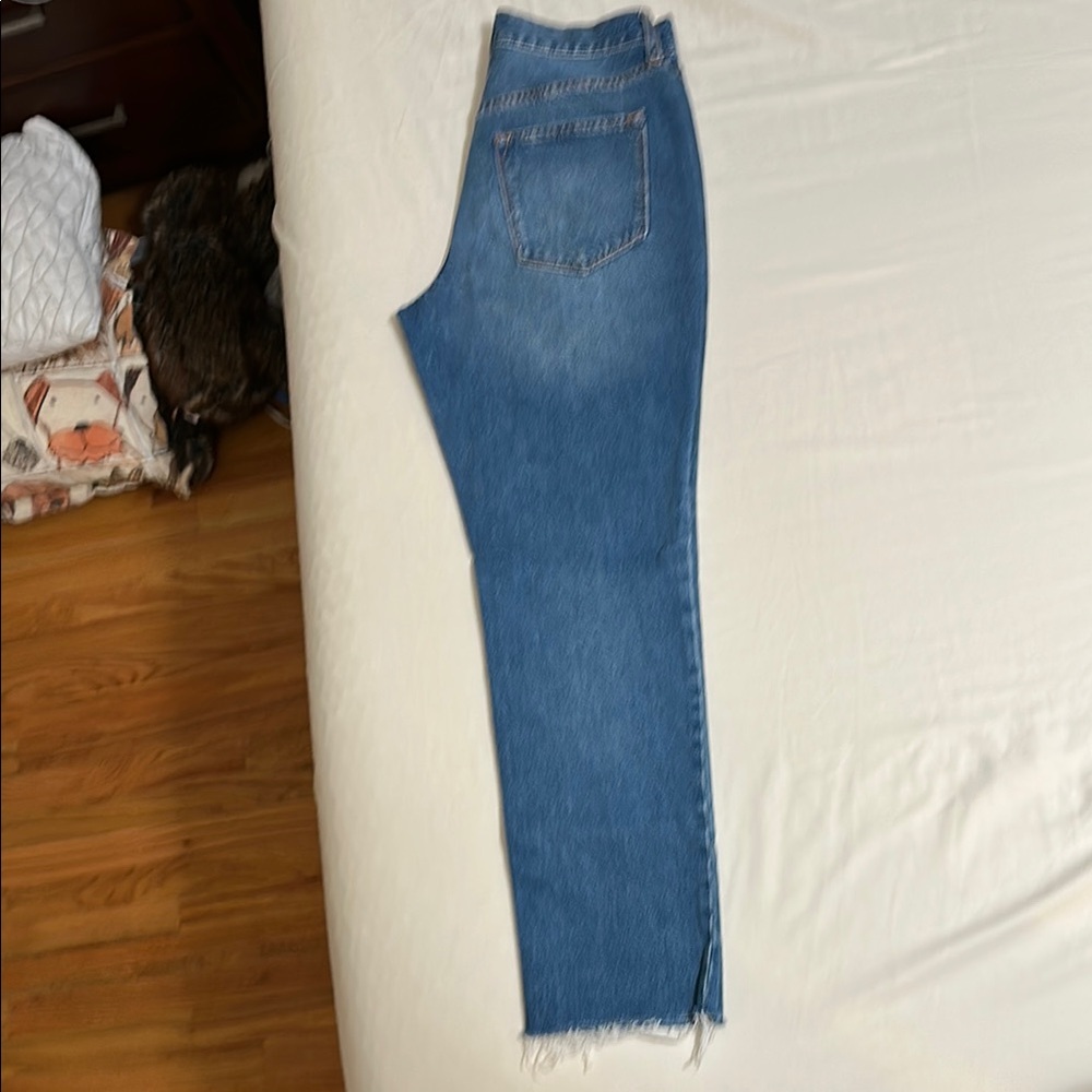 Blue Straight Leg Jeans with Raw Hem